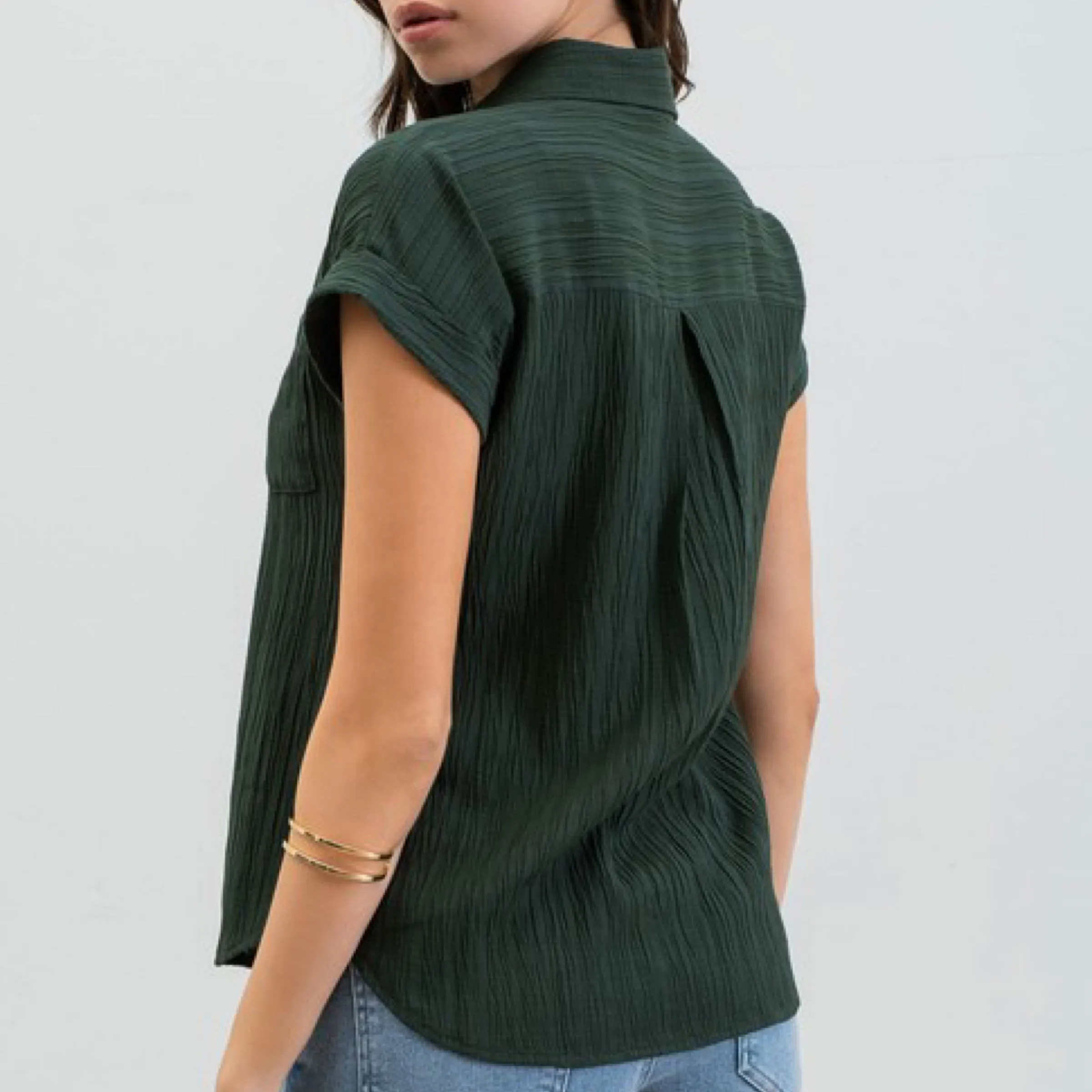 Play No Games Button Down Top Hunter Green