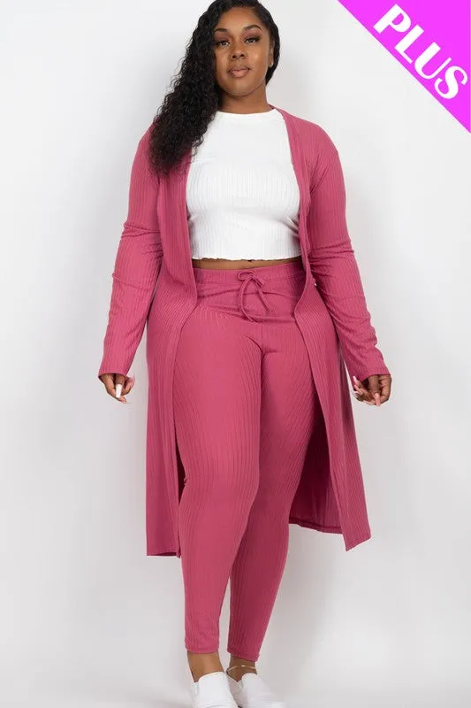 Plus Size Ribbed Long Cardigan & Leggings Set