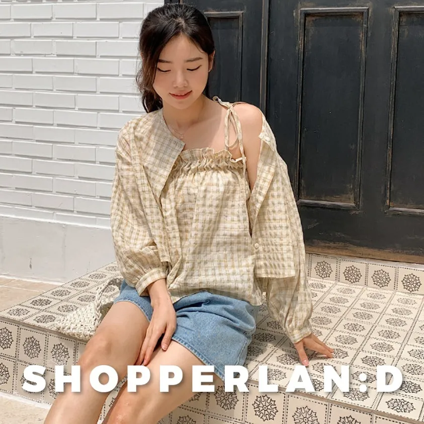 SHOPPERLAND  |Gingham Casual Style Long Sleeves Cotton Medium Puff Sleeves