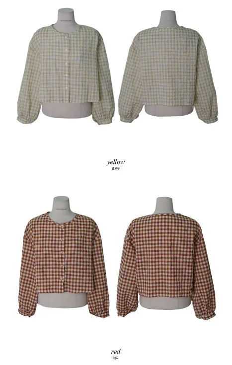 SHOPPERLAND  |Gingham Casual Style Long Sleeves Cotton Medium Puff Sleeves