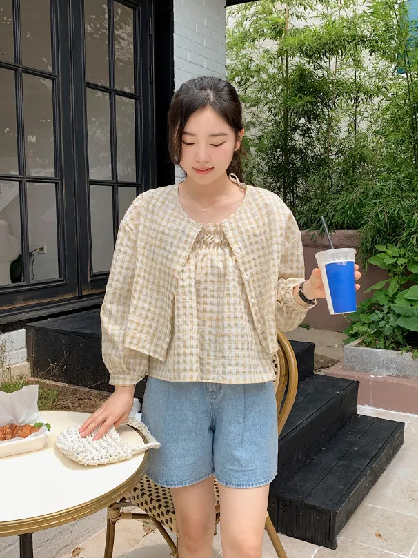 SHOPPERLAND  |Gingham Casual Style Long Sleeves Cotton Medium Puff Sleeves