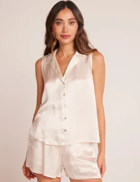 Sleeveless Notch Collar Button Down Top, Playa Sand