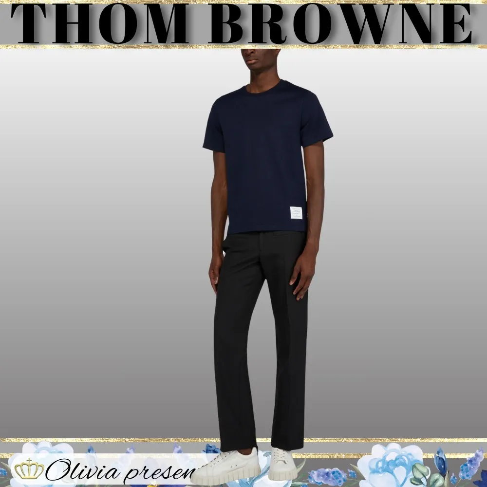 THOM BROWNE  |Crew Neck Pullovers Plain Cotton Short Sleeves Logo