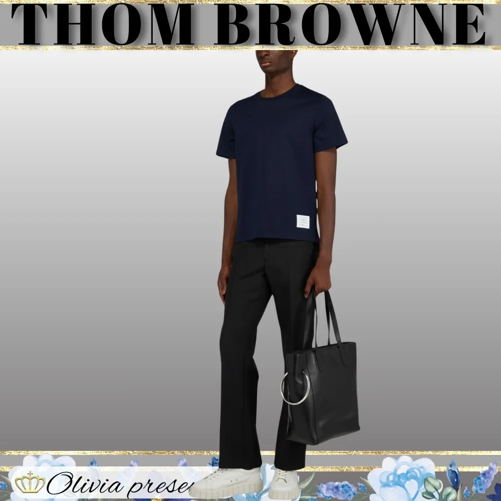 THOM BROWNE  |Crew Neck Pullovers Plain Cotton Short Sleeves Logo