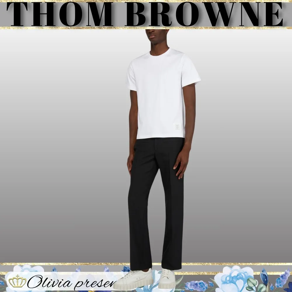 THOM BROWNE  |Crew Neck Pullovers Plain Cotton Short Sleeves Logo