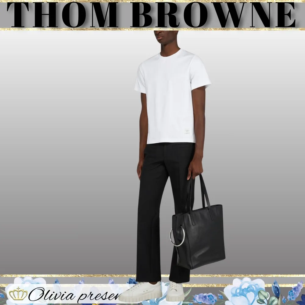 THOM BROWNE  |Crew Neck Pullovers Plain Cotton Short Sleeves Logo