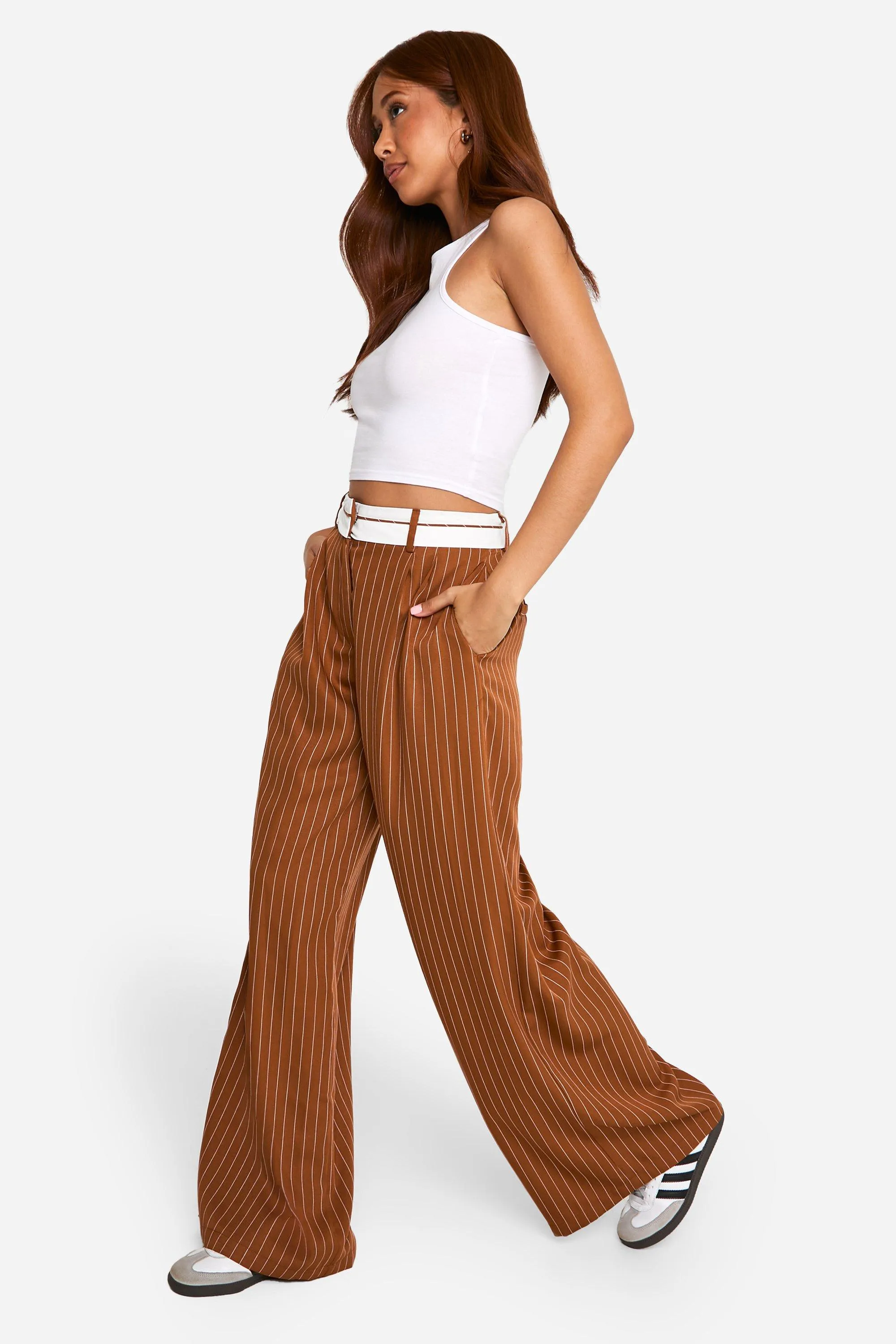 Trousers | Reverse Waistband Tailored Wide Leg Trousers | boohoo