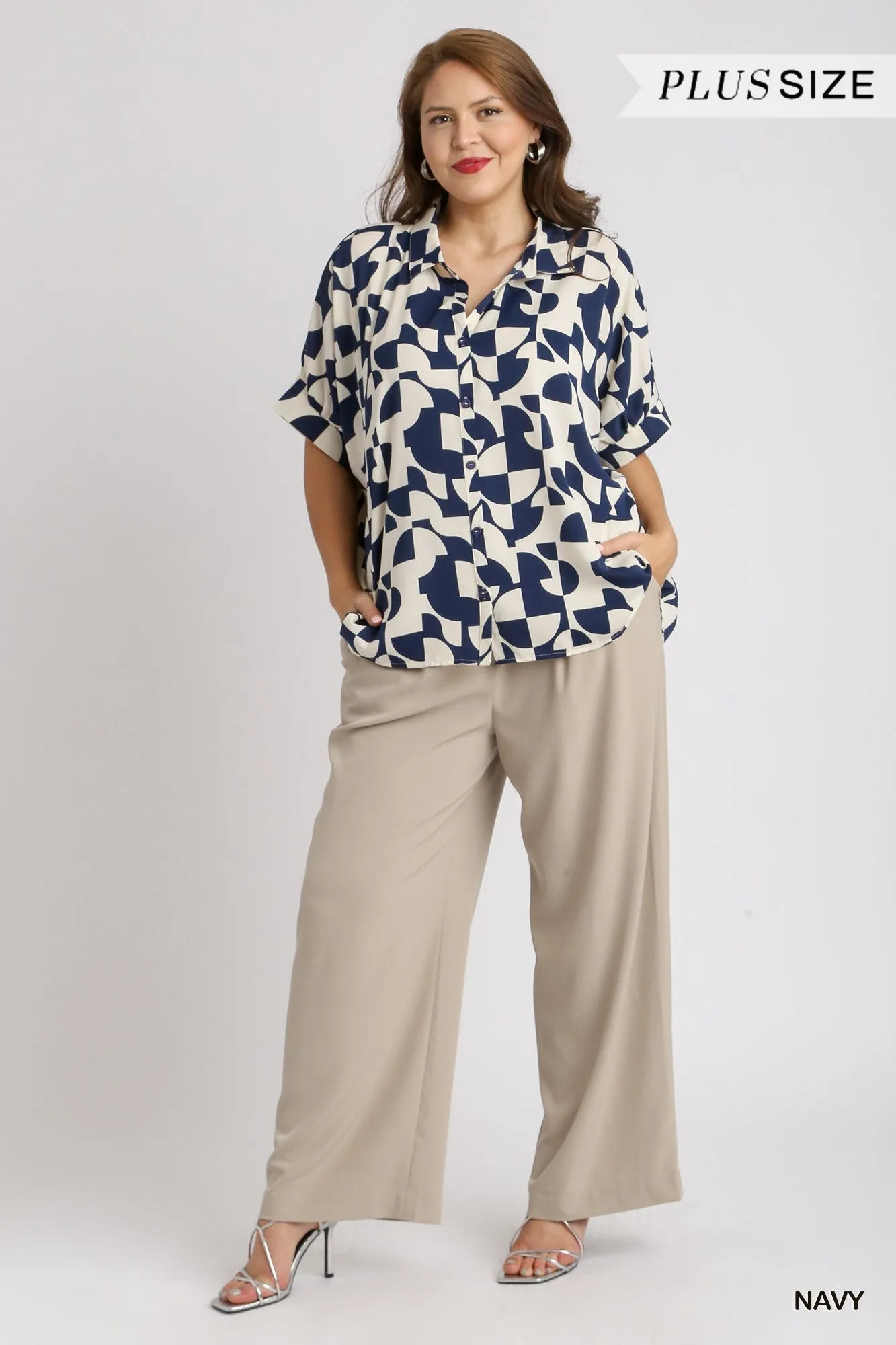 Umgee Navy Floral Satin Shirt