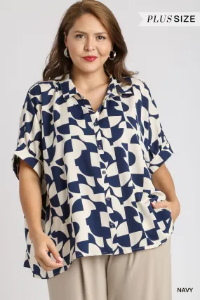 Umgee Navy Floral Satin Shirt