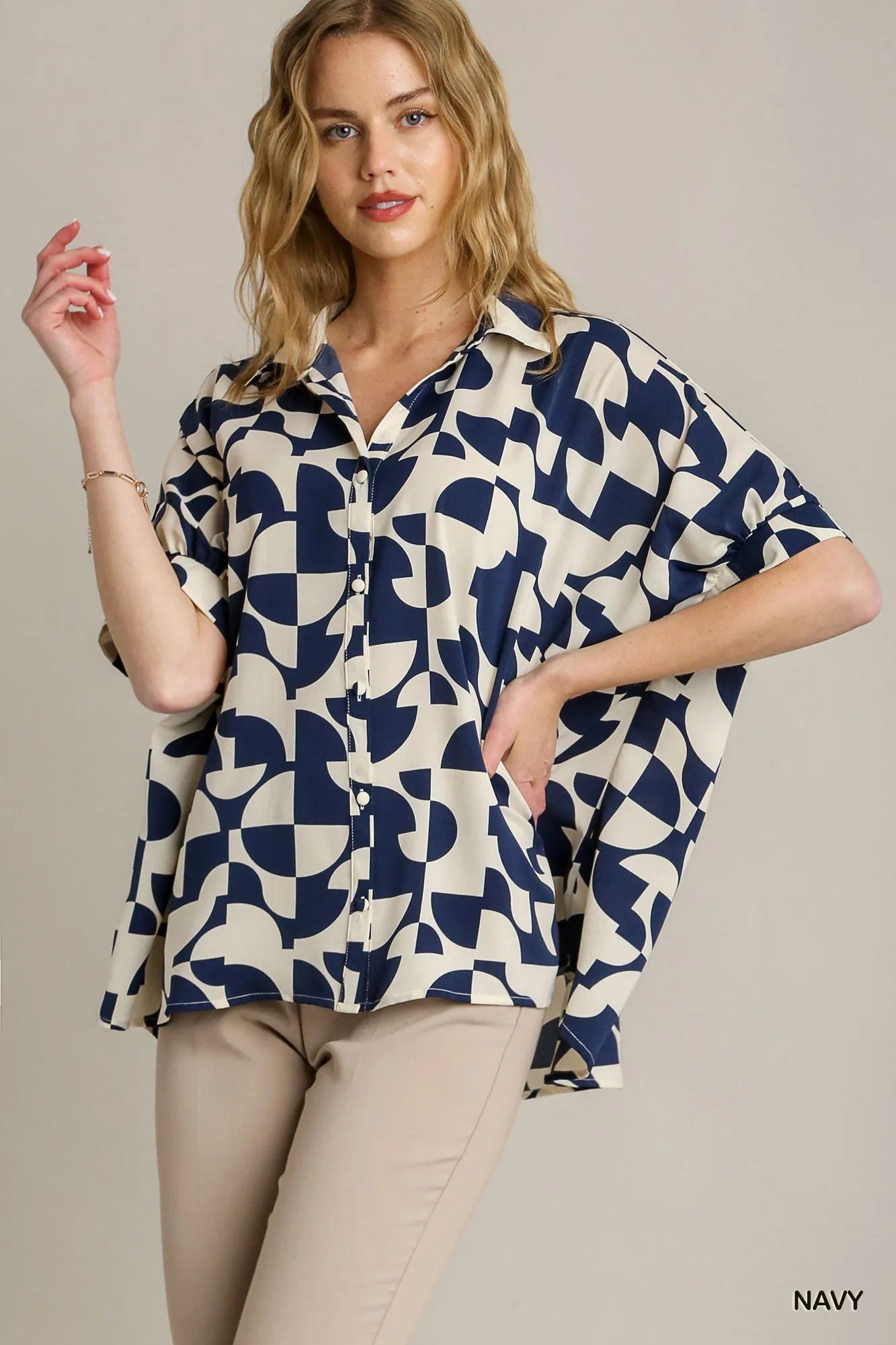 Umgee Navy Floral Satin Shirt