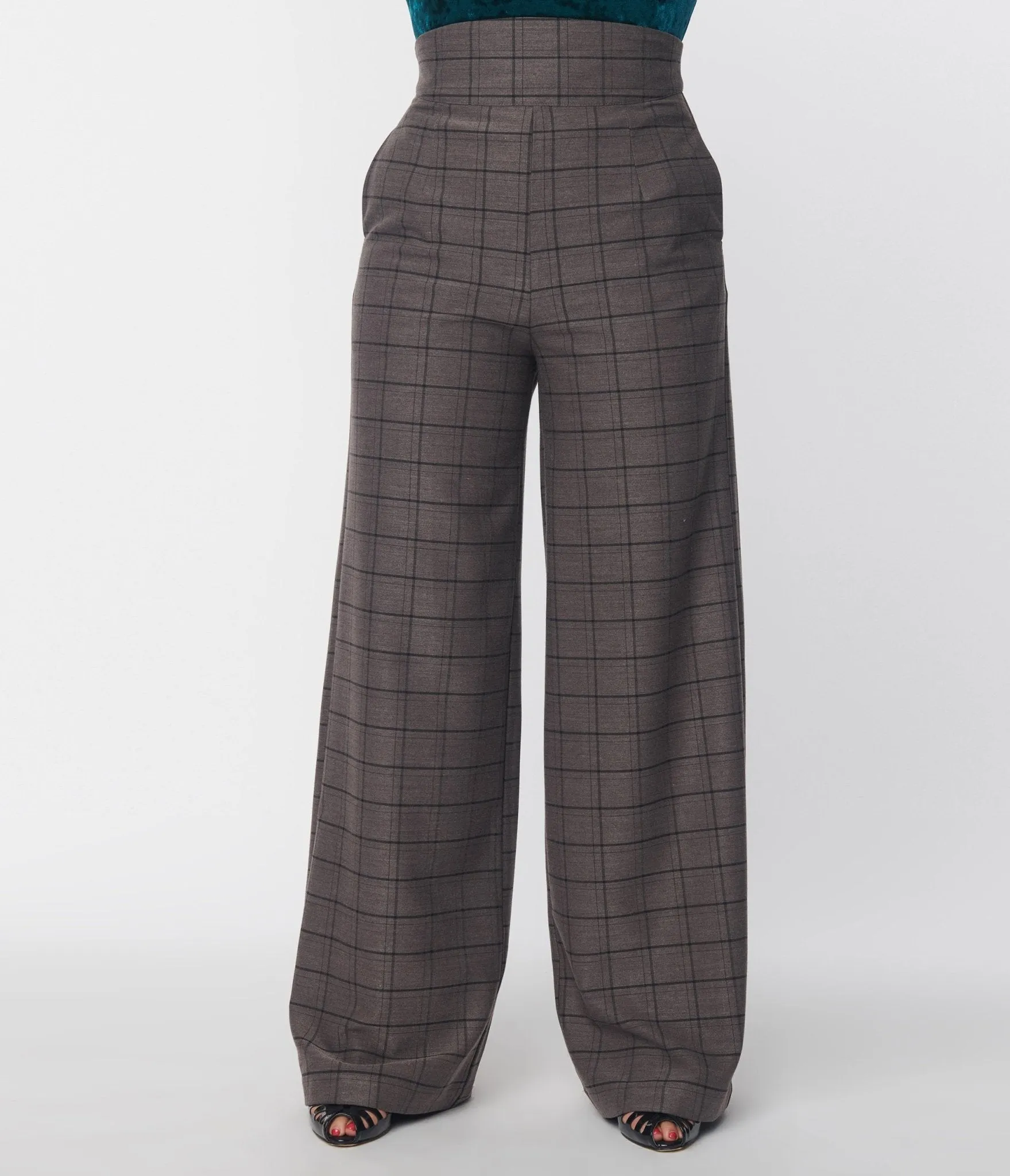 Unique Vintage 1940s Charcoal Windowpane High Waist Pants