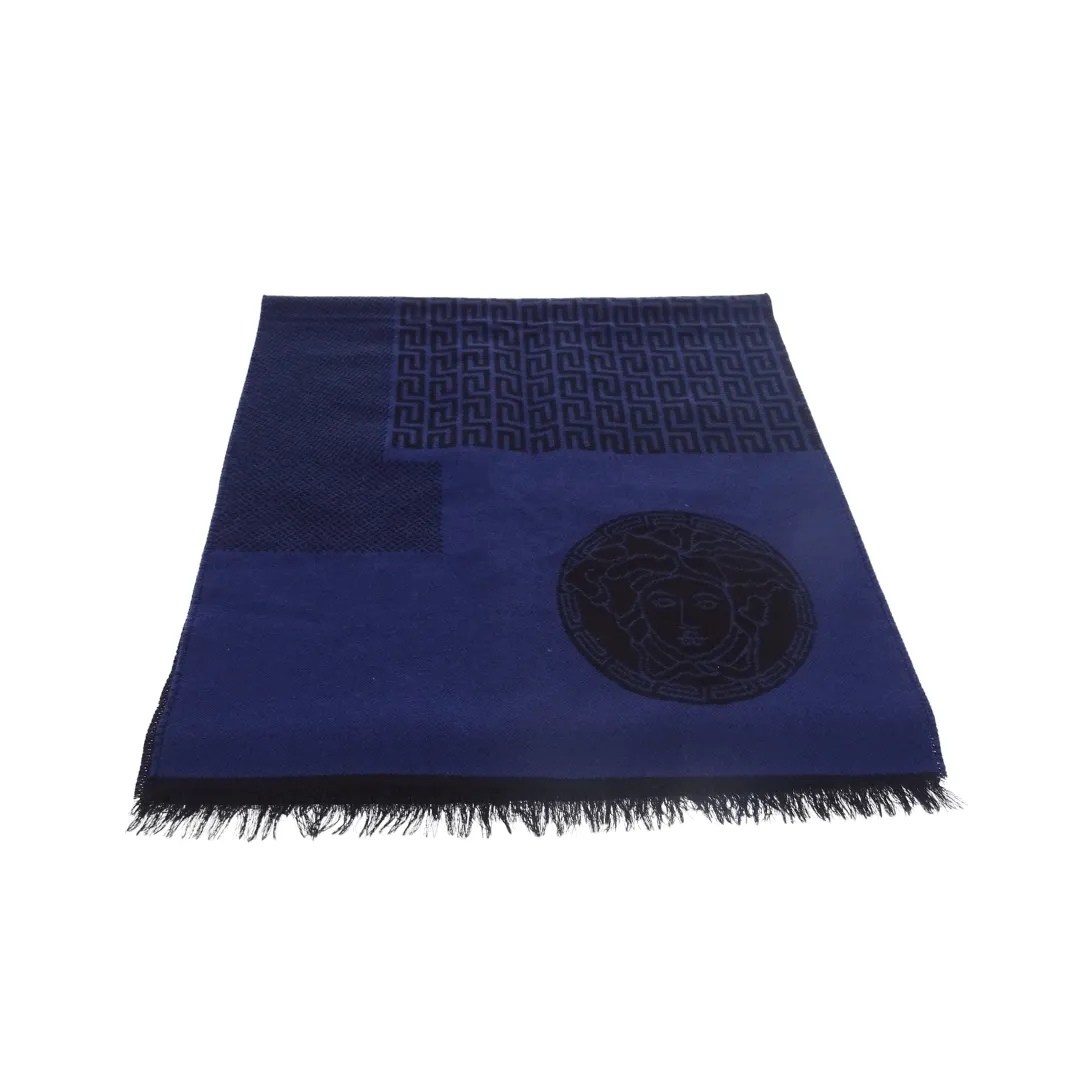 Versace Navy 100% Wool Logo Scarf