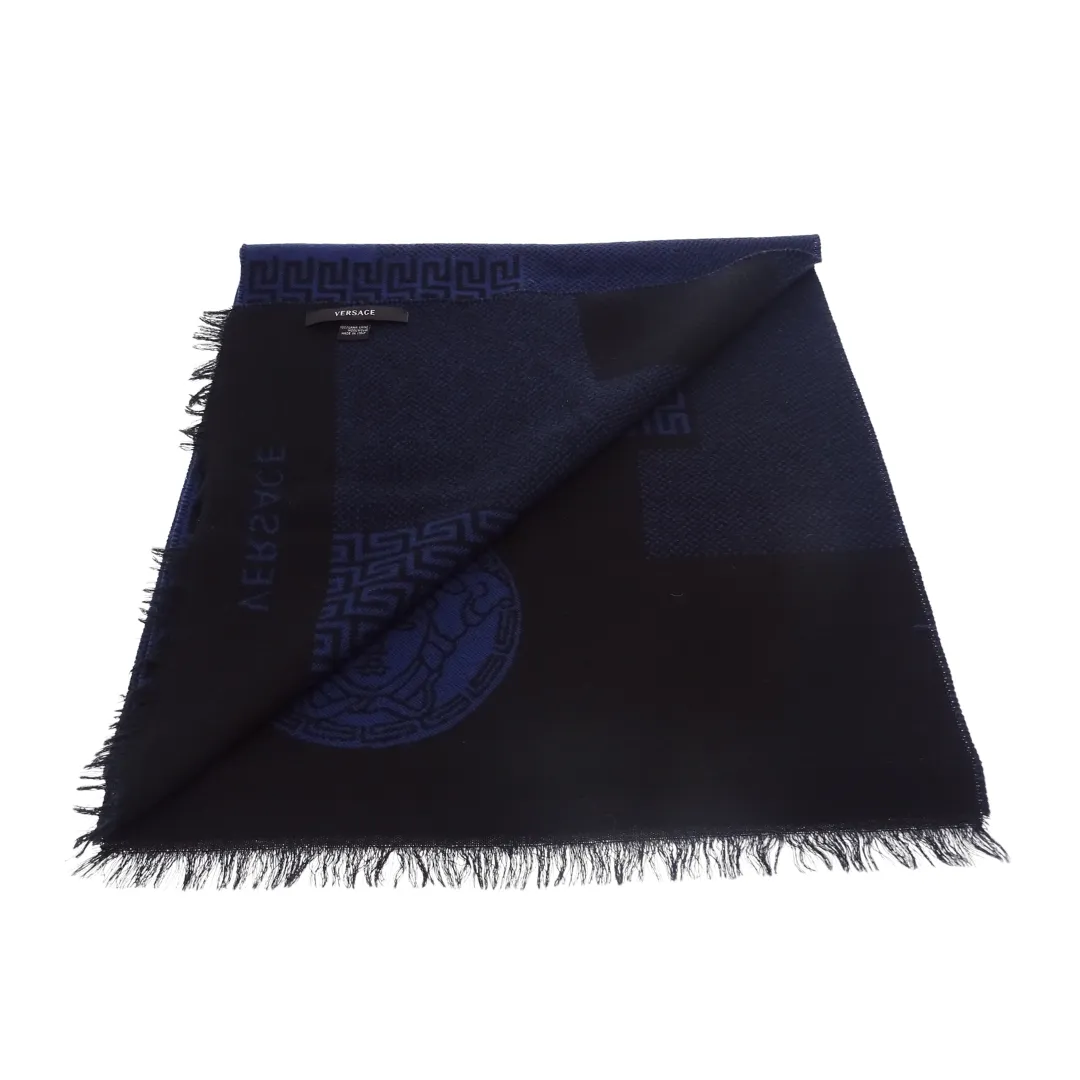 Versace Navy 100% Wool Logo Scarf