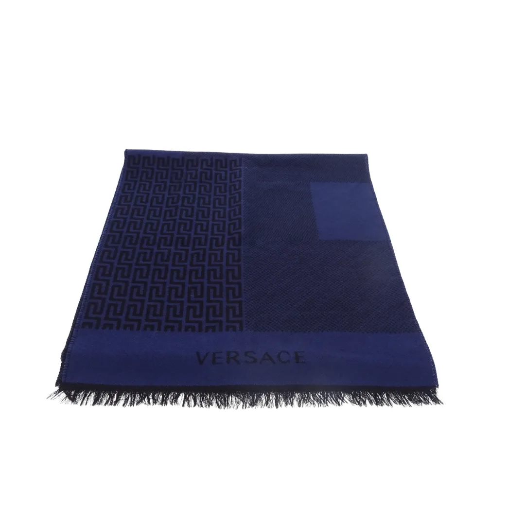 Versace Navy 100% Wool Logo Scarf