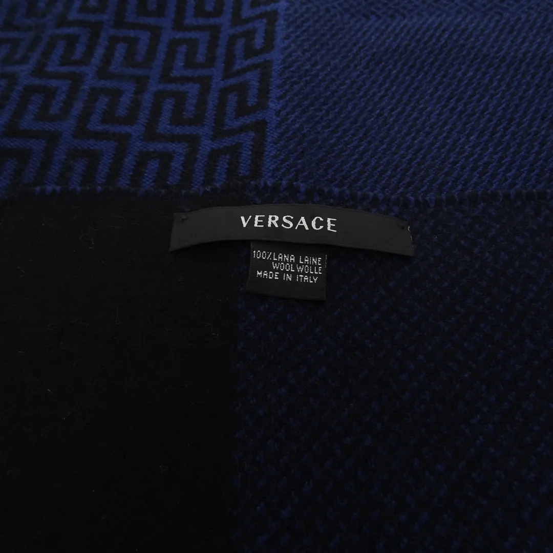 Versace Navy 100% Wool Logo Scarf