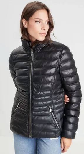 Women's black leather down jacket 102034