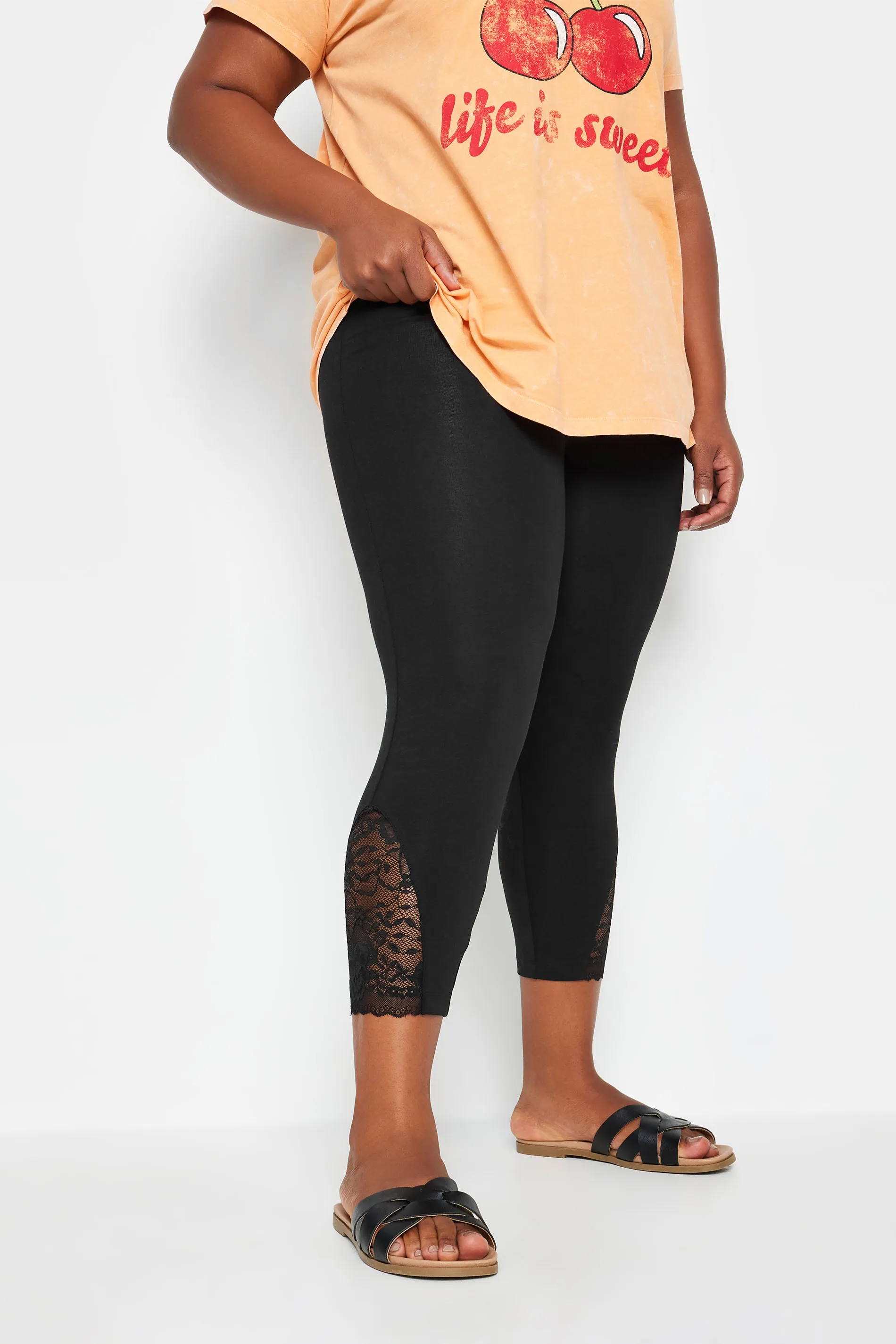 YOURS Curve Black Lace Insert Cropped Leggings