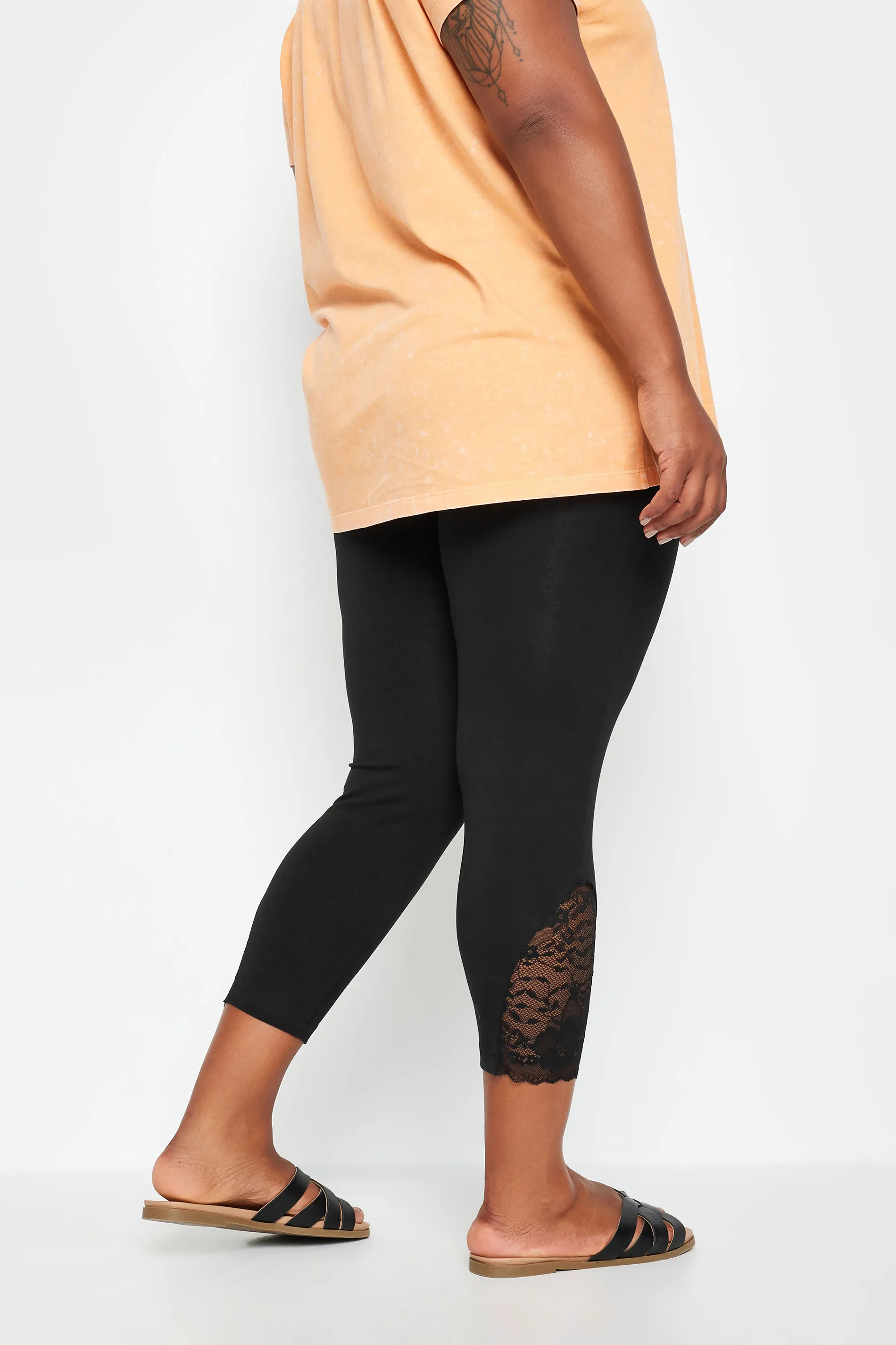 YOURS Curve Black Lace Insert Cropped Leggings